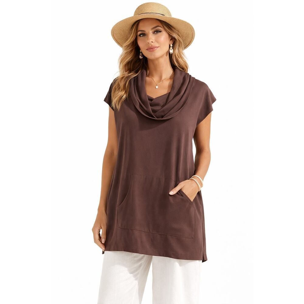 BRYN WALKER Women's Lagenlook Cowl Neck Cap Sleeve Tunic Top Brown Size XS